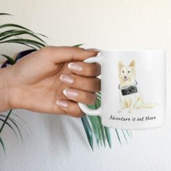 Adventure is out there White Collie dog mug (Illustrated collection) 17 adventure is out there dog mug white collie hand holding plant
