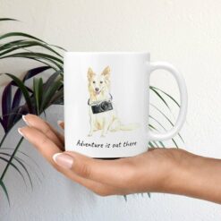 Adventure is out there White Collie dog mug (Illustrated collection) 19 adventure is out there dog mug white collie mug in hand plant