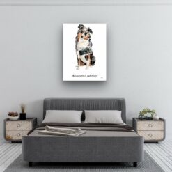 Adventure is out there Australian Shepherd dog canvas print illustration. Pre-stretched wall art ready to hang 11 adventure is out there portrait canvas australian shepherd 30x40 bedroom