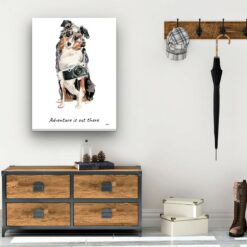 Adventure is out there Australian Shepherd dog canvas print illustration. Pre-stretched wall art ready to hang 12 adventure is out there portrait canvas australian shepherd 30x40 hall