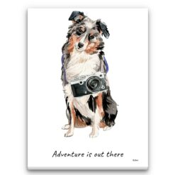 Adventure is out there Australian Shepherd dog canvas print illustration. Pre-stretched wall art ready to hang