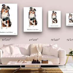 Adventure is out there Australian Shepherd dog canvas print illustration. Pre-stretched wall art ready to hang 9 adventure is out there portrait canvas australian shepherd size comparison