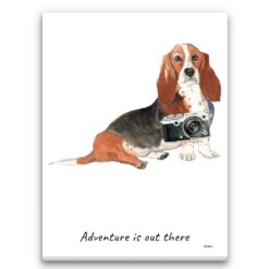 Adventure is out there Basset Hound dog canvas print illustration. Pre-stretched wall art ready to hang