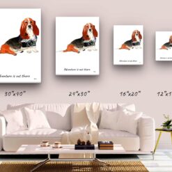 Adventure is out there Basset Hound dog canvas print illustration. Pre-stretched wall art ready to hang 9 adventure is out there portrait canvas basset hound size comparison