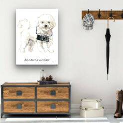 Adventure is out there Bichon Frise dog canvas print illustration. Pre-stretched wall art ready to hang 12 adventure is out there portrait canvas bichon frise 30x40 hall