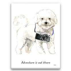Adventure is out there Bichon Frise dog canvas print illustration. Pre-stretched wall art ready to hang