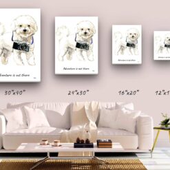 Adventure is out there Bichon Frise dog canvas print illustration. Pre-stretched wall art ready to hang 9 adventure is out there portrait canvas bichon frise size comparison