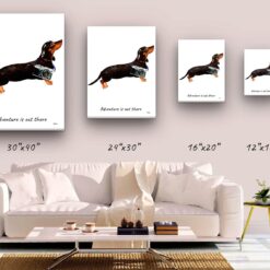 Adventure is out there Black & Tan Dachshund dog canvas print illustration. Pre-stretched wall art ready to hang 9 adventure is out there portrait canvas black tan dachshund size comparison