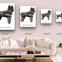 Adventure is out there Bouvier des Flandres dog canvas print illustration. Pre-stretched wall art ready to hang 7 adventure is out there portrait canvas bouvier des flandres size comparison