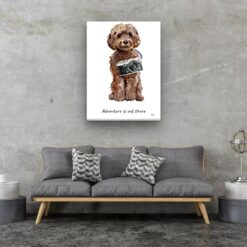 Adventure is out there Brown Cockapoo dog canvas print illustration. Pre-stretched wall art ready to hang 13 adventure is out there portrait canvas brown cockapoo 30x40 living room