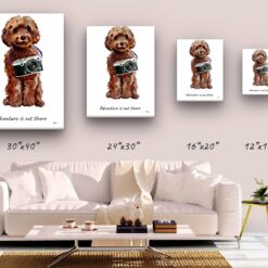 Adventure is out there Brown Cockapoo dog canvas print illustration. Pre-stretched wall art ready to hang 9 adventure is out there portrait canvas brown cockapoo size comparison