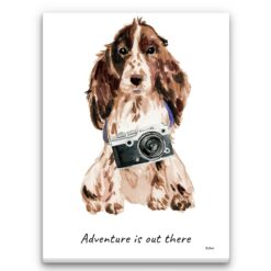 Adventure is out there Brown Cocker Spaniel dog canvas print illustration. Pre-stretched wall art ready to hang