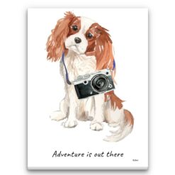Adventure is out there Cavalier King Charles Spaniel dog canvas print illustration. Pre-stretched wall art ready to hang
