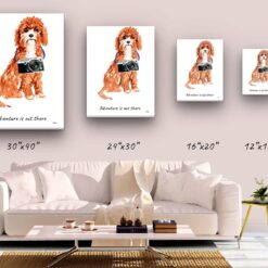 Adventure is out there Cavapoo dog canvas print illustration. Pre-stretched wall art ready to hang 9 adventure is out there portrait canvas cavapoo size comparison