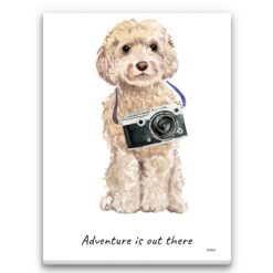 Adventure is out there Champagne cockapoo dog canvas print illustration. Pre-stretched wall art ready to hang