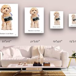 Adventure is out there Champagne cockapoo dog canvas print illustration. Pre-stretched wall art ready to hang 9 adventure is out there portrait canvas champagne cockapoo size comparison