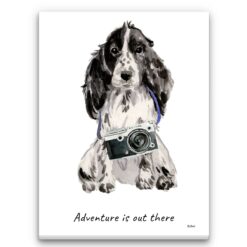 Adventure is out there Cocker Spaniel dog canvas print illustration. Pre-stretched wall art ready to hang