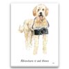 Adventure is out there Golden Doodle dog canvas print illustration. Pre-stretched wall art ready to hang 2 adventure is out there portrait canvas golden doodle print front view