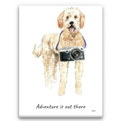 Adventure is out there Golden Doodle dog canvas print illustration. Pre-stretched wall art ready to hang