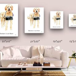 Adventure is out there Golden Doodle dog canvas print illustration. Pre-stretched wall art ready to hang 9 adventure is out there portrait canvas golden doodle size comparison