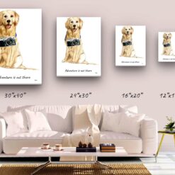 Adventure is out there Golden Retriever dog canvas print illustration. Pre-stretched wall art ready to hang 9 adventure is out there portrait canvas golden retriever size comparison