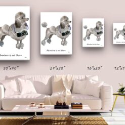 Adventure is out there Grey Poodle dog canvas print illustration. Pre-stretched wall art ready to hang 9 adventure is out there portrait canvas grey poodle size comparison