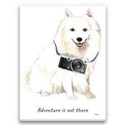 Adventure is out there Japanese Spitz dog canvas print illustration. Pre-stretched wall art ready to hang