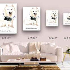 Adventure is out there Japanese Spitz dog canvas print illustration. Pre-stretched wall art ready to hang 9 adventure is out there portrait canvas japanese spitz size comparison