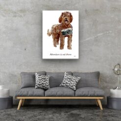 Adventure is out there Labradoodle dog canvas print illustration. Pre-stretched wall art ready to hang 13 adventure is out there portrait canvas labradoodle 30x40 living room