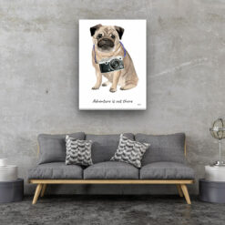 Adventure is out there Pug dog canvas print illustration. Pre-stretched wall art ready to hang 13 adventure is out there portrait canvas pug 30x40 living room