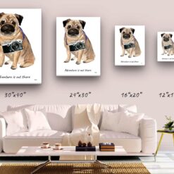 Adventure is out there Pug dog canvas print illustration. Pre-stretched wall art ready to hang 9 adventure is out there portrait canvas pug size comparison