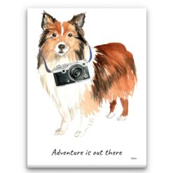 Adventure is out there Shetland Sheepdog dog canvas print illustration. Pre-stretched wall art ready to hang