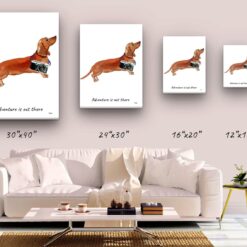 Adventure is out there Tan Dachshund dog canvas print illustration. Pre-stretched wall art ready to hang 9 adventure is out there portrait canvas tan dachshund size comparison