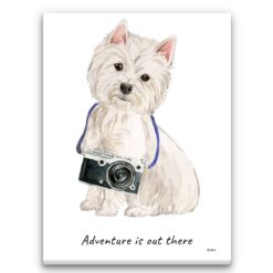 Adventure is out there Westie dog canvas print illustration. Pre-stretched wall art ready to hang