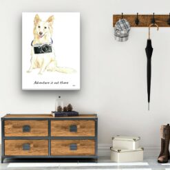 Adventure is out there White Collie dog canvas print illustration. Pre-stretched wall art ready to hang 12 adventure is out there portrait canvas white collie 30x40 hall