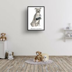 Adventure is out there American Staffordshire terrier grey dog print illustration. Framed & un-framed wall art 15 adventure is out there portrait print american staffordshire terrier grey 28x40 kids room