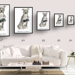 Adventure is out there American Staffordshire terrier grey dog print illustration. Framed & un-framed wall art 11 adventure is out there portrait print american staffordshire terrier grey size comparison