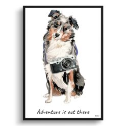 Adventure is out there Australian Shepherd dog print illustration. Framed & un-framed wall art
