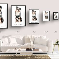 Adventure is out there Australian Shepherd dog print illustration. Framed & un-framed wall art 11 adventure is out there portrait print australian shepherd size comparison