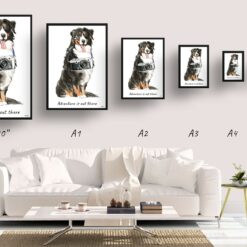 Adventure is out there Bernese Mountain Dog dog print illustration. Framed & un-framed wall art 11 adventure is out there portrait print bernese mountain dog size comparison