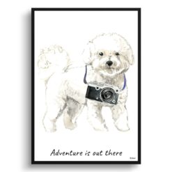 Adventure is out there Bichon Frise dog print illustration. Framed & un-framed wall art