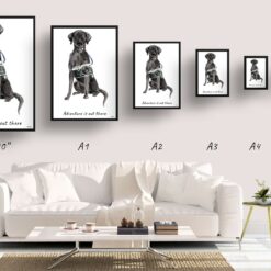 Adventure is out there Black Lab dog print illustration. Framed & un-framed wall art 11 adventure is out there portrait print black lab size comparison
