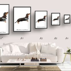 Adventure is out there Black & Tan Dachshund dog print illustration. Framed & un-framed wall art 11 adventure is out there portrait print black tan dachshund size comparison