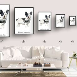 Adventure is out there Black&white French bulldog dog print illustration. Framed & un-framed wall art 11 adventure is out there portrait print blackwhite french bulldog size comparison