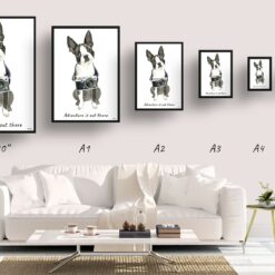 Adventure is out there Boston Terrier dog print illustration. Framed & un-framed wall art 11 adventure is out there portrait print boston terrier size comparison