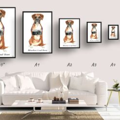 Adventure is out there Boxer dog print illustration. Framed & un-framed wall art 11 adventure is out there portrait print boxer size comparison
