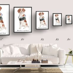 Adventure is out there Brittany dog print illustration. Framed & un-framed wall art 11 adventure is out there portrait print brittany size comparison