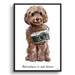 Adventure is out there Brown Cockapoo dog print illustration. Framed & un-framed wall art