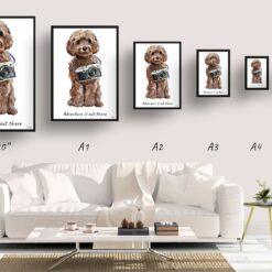 Adventure is out there Brown Cockapoo dog print illustration. Framed & un-framed wall art 11 adventure is out there portrait print brown cockapoo size comparison