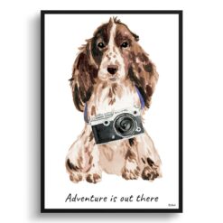 Adventure is out there Brown Cocker Spaniel dog print illustration. Framed & un-framed wall art